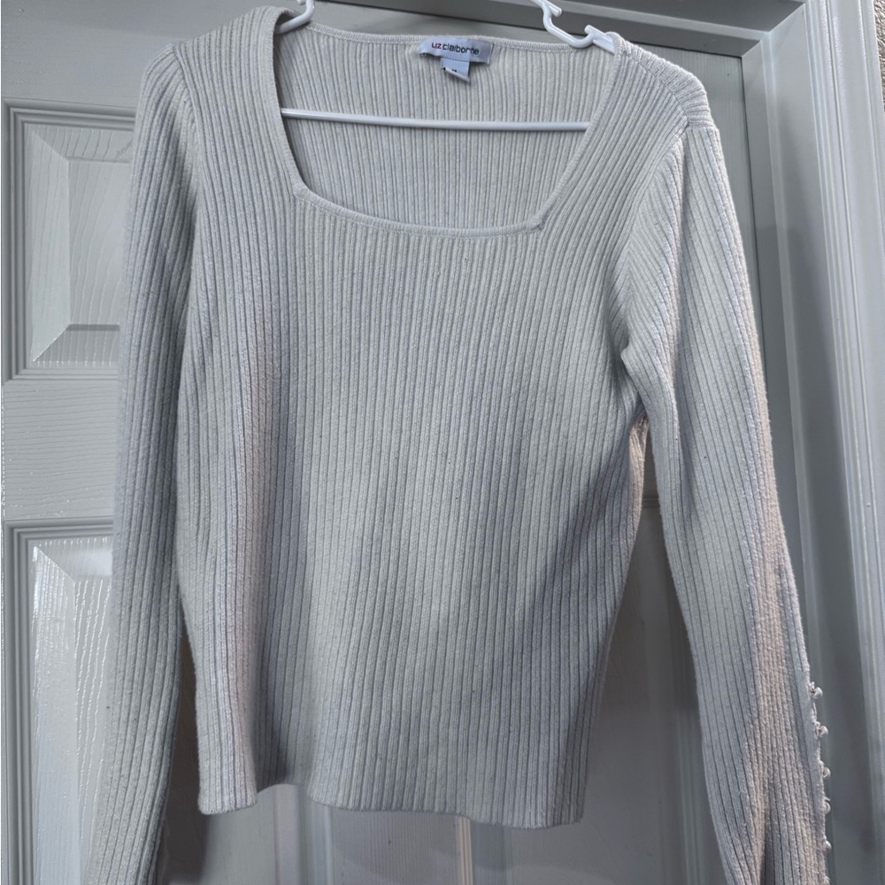 White Ribbed Long Sleeve Sweater